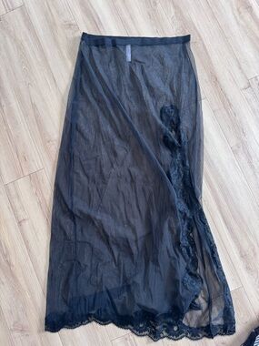 Auden Black Sheer Lace-Trim Maxi Skirt